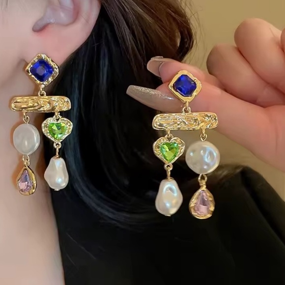 Anthropologie Jewelry - Luxury Crystal Pearl Drop Earrings – Elegant Multicolor Statement Jewelry